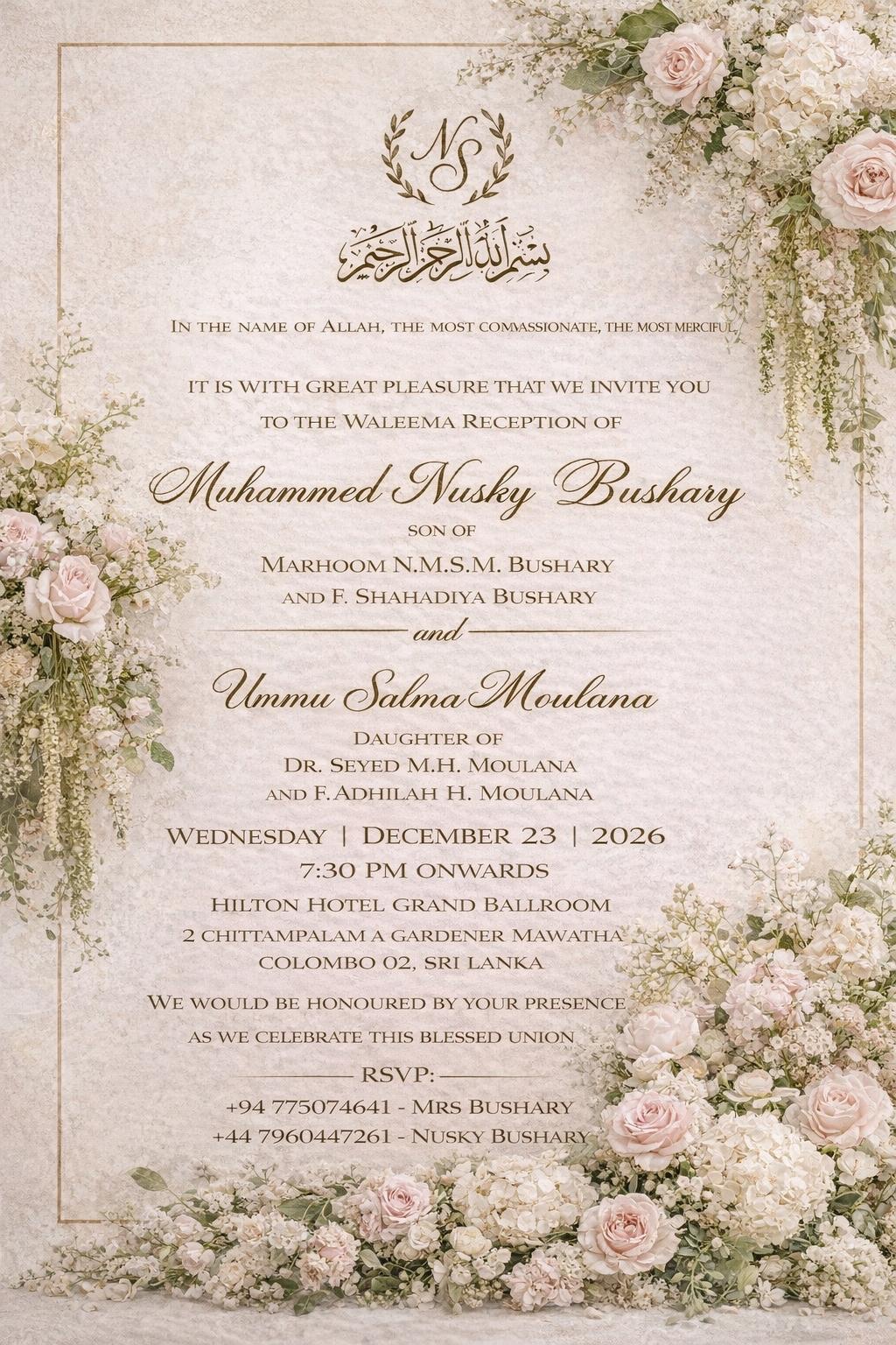 Waleema invitation for Muhammed Nusky Bushary and Ummu Salma Moulana at Hilton Colombo on 23 December 2026